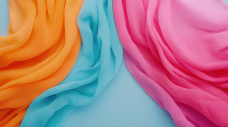 A stunning display of soft silk fabrics in vibrant orange, blue, and pink, elegantly draped on a soft blue background, creating a visually appealing composition.の素材