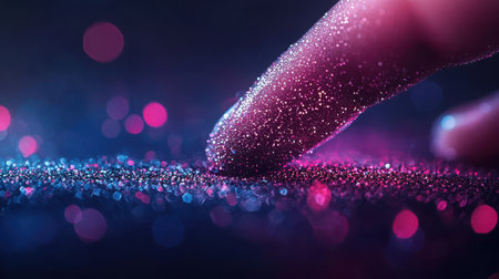 A captivating close-up shot showcasing a finger delicately touching shimmering glitter, enhanced by a vibrant bokeh background. The interplay of colors and light creates a striking visual effect, perfect for artistic or cosmetic themes.の素材