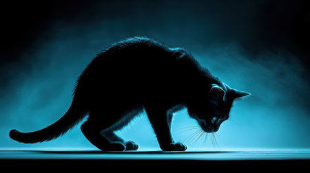 A captivating silhouette of a curious black cat against a dreamy blue background features soft mist. The image exudes mystery and elegance.の素材