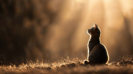 A serene cat sits in profile, illuminated by soft sunlight during golden hour, creating a tranquil atmosphere in a beautiful natural setting.の素材