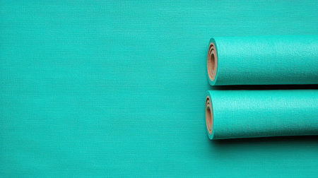 Two vibrant turquoise yoga mats rest on a textured surface, ideal for fitness routines, meditation, or stretching sessions, enhancing wellness and relaxation.の素材