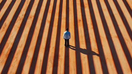 Aerial view of a person standing alone on dry earth with distinct vertical shadows, capturing solitude in a minimalist landscape, evoking a sense of peace.の素材
