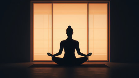 A stunning silhouette of a person meditating in front of warmly illuminated windows, creating an ambiance of tranquility and mindfulness, perfect for promoting relaxation and self-discovery.の素材