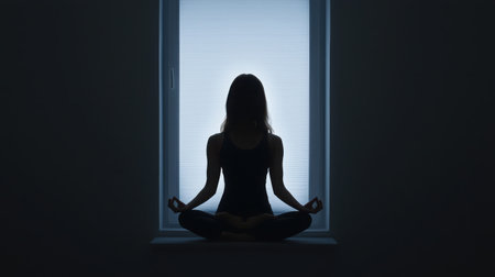 A serene silhouette of a woman meditating by a window, bathed in soft light, captures a moment of calm and inner peace. Perfect for wellness and mindfulness themes.の素材