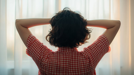 A woman sits in a cozy indoor space, gazing into the distance with her hands behind her head, surrounded by soft natural light filtering through sheer curtains.の素材