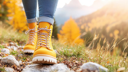 A pair of vibrant yellow hiking boots steps along a scenic trail lined with colorful autumn foliage. The soft sunlight creates a warm atmosphere, inviting adventure.の素材