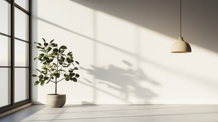A serene minimalist interior featuring a houseplant, natural light, and soft shadows, creating a modern and peaceful atmosphere. Ideal for decor inspiration.の素材