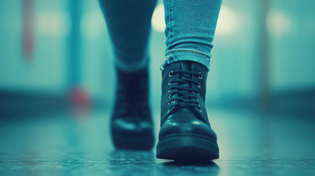A close-up view of stylish black boots on a person walking confidently in a modern urban setting, portraying movement, fashion, and lifestyle.の素材