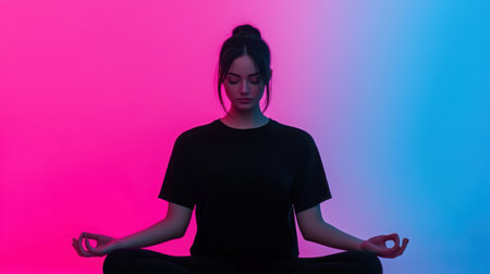 A young woman practices meditation in a tranquil setting, illuminated by vibrant pink and blue backgrounds. This scene embodies peace and mindfulness.の素材