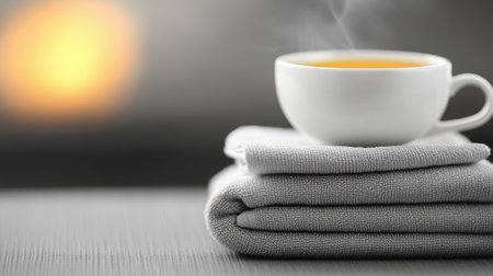 A serene scene featuring a steaming cup of tea placed on neatly folded towels. The soft focus background enhances feelings of warmth and tranquility, perfect for relaxation.の素材