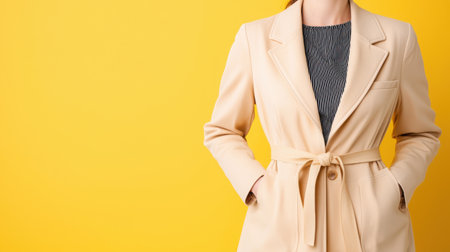 This fashion image features a woman wearing a stylish beige blazer with a belt, set against a vibrant yellow background. Perfect for conveying elegance and confidence.の素材
