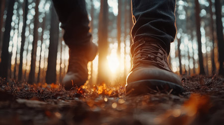 A captivating scene of a person walking through a tranquil forest at sunset, illuminated by soft light filtering through the trees. Perfect for nature lovers.の素材
