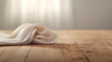 A soft white fabric rests on a rustic wooden table, creating a serene and peaceful atmosphere. Gentle light enhances the texture, perfect for design use.の素材