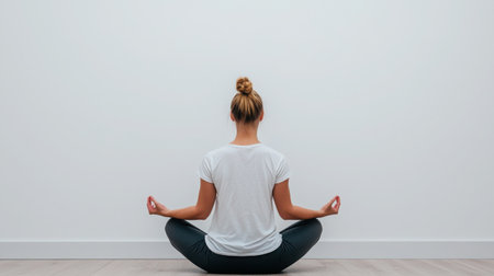 A serene woman sits in a yoga pose in a minimalist room, promoting inner peace and mindfulness through relaxation and focus in meditation practice.の素材