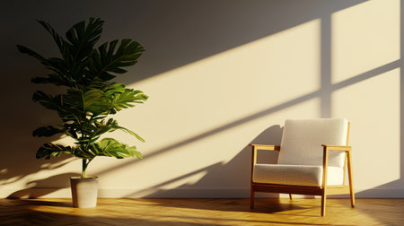 A cozy living room corner featuring a stylish armchair and a lush indoor plant basking in warm sunlight, creating a tranquil ambiance.の素材