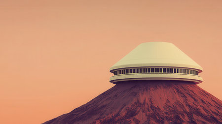 A stunning futuristic building sits atop a volcano, contrasting with warm sunset colors. The smooth dome design and surrounding landscape create a unique visual experience.の素材