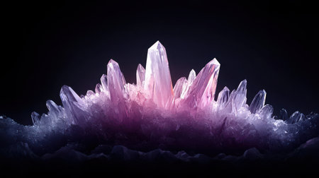 This captivating image showcases a dazzling purple crystal formation, illuminated softly against a dark background, highlighting its unique textures and shapes.の素材