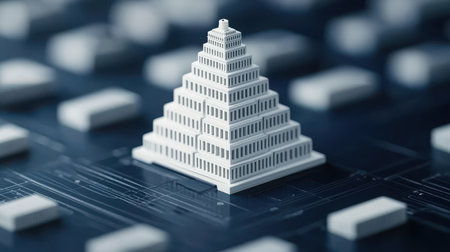 A detailed architectural model showcases a white pyramid structure sitting atop a circuit board backdrop, highlighting a blend of innovation and design.の素材