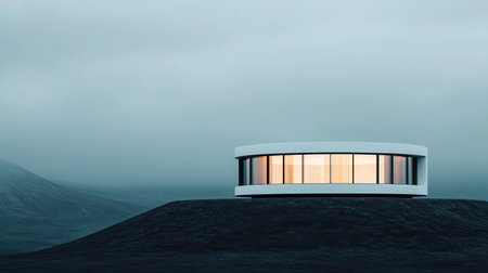 This striking modern round house sits atop a hill in a misty landscape, showcasing contemporary design in a serene setting during twilight.の素材