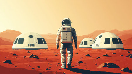 An astronaut walks across the Martian landscape, approaching futuristic habitats under a vibrant orange sky, symbolizing exploration and hope for humanity's future.の素材