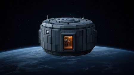 A futuristic space habitat station hovers above Earth, showcasing an open door that reveals its modern interior, symbolizing exploration and innovation.の素材