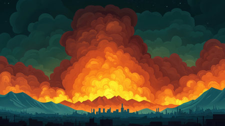 A captivating illustration of a vibrant sunset over mountains and a city skyline, featuring dramatic clouds in shades of orange and yellow. Perfect for art or nature themes.の素材