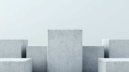 This image features abstract concrete blocks arranged in a minimalistic formation, showcasing a modern architectural design against a neutral background. Perfect for showcasing creativity.の素材