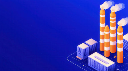 This illustration shows industrial buildings with smokestacks on a blue background, representing manufacturing and production processes in an urban environment.の素材