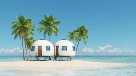 Two modern dome houses sit on a pristine beach, surrounded by palm trees and the vibrant ocean, offering a serene vacation escape in a tropical paradise.の素材