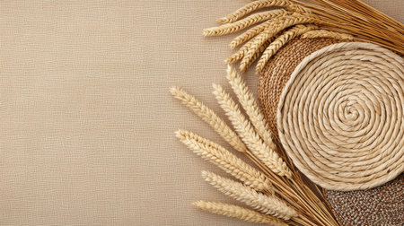 Elegant arrangement featuring natural textures with wheat and woven basket on a neutral background, perfect for rustic and organic design themes.の素材