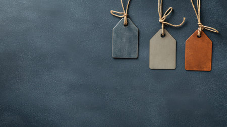 Three unique tags in different colors hang delicately on twine against a dark, textured background, perfect for showcasing branding or craft projects.の素材