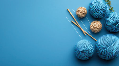 A visually appealing arrangement of blue yarn balls, knitting needles, and textured fibers on a vibrant blue background. Perfect for crafting inspiration.の素材