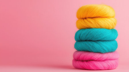 A stack of colorful wool roving bumps in yellow, turquoise, and pink set against a soft pink background, perfect for creative projects and crafts.の素材