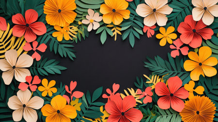 A stunning arrangement of vibrant paper flowers and lush greenery on a dark background, perfect for design projects and floral-themed artworks.の素材