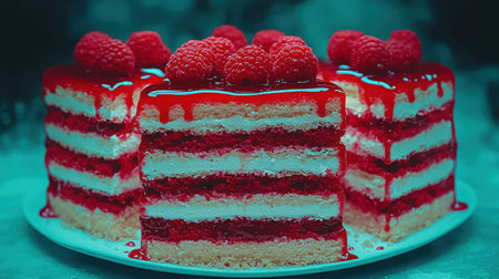 This vibrant layered cake features rich strawberry and raspberry flavors, topped with fresh raspberries and a glossy jelly glaze, perfect for celebrations.の素材