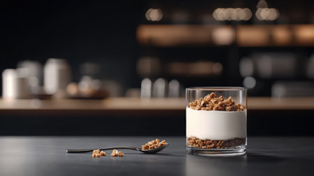 A beautifully crafted dessert featuring layers of creamy yogurt topped with crunchy granola served in a stylish glass. Perfect for a modern kitchen.の素材
