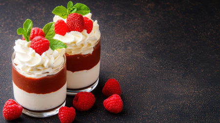 This delightful chocolate mousse dessert features layers of smooth chocolate with fluffy whipped cream and fresh raspberries, perfect for any occasion.の素材