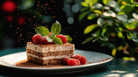 A beautifully presented chocolate dessert garnished with fresh raspberries and mint leaves. This indulgent treat is perfect for any occasion, showcasing culinary artistry.の素材
