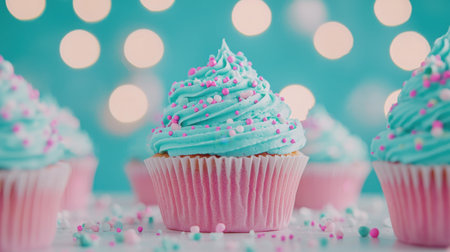 This delightful cupcake features vibrant blue frosting topped with colorful sprinkles against a bright background. Perfect for dessert lovers.の素材