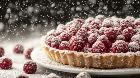 A mouthwatering raspberry tart adorned with powdered sugar creates a festive atmosphere. Perfect for winter celebrations and holiday gatherings.の素材