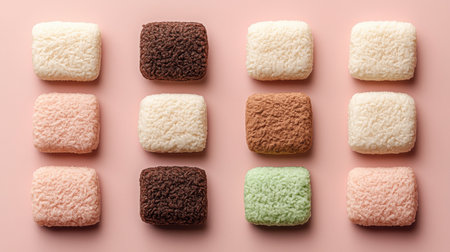 A visually captivating arrangement of colorful square confections on a soft pink surface, showcasing an assortment of textures and enticing pastel hues, perfect for dessert lovers.の素材