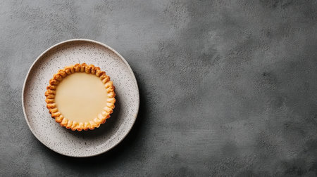 Indulge in this creamy dessert tart presented on a textured gray background. The tart features a beautifully baked crust that invites a sensory experience.の素材