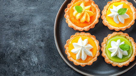 A tempting display of mini tarts, each topped with colorful fruit and fresh whipped cream, perfect for events or dessert tables.の素材