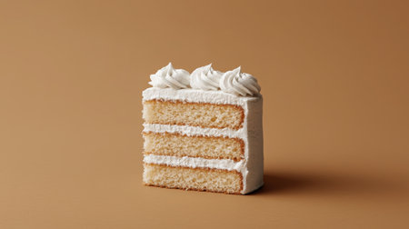 Delight in this classic three-layer vanilla cake topped with whipped cream, presented on a solid brown background. Perfect for any celebration.の素材