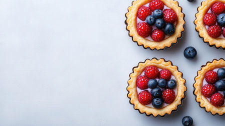 Delight in the sweetness of fresh berry tartlets featuring vibrant raspberries and juicy blueberries, beautifully arranged for a delicious treat.の素材