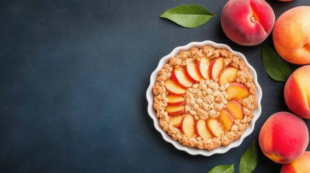 A delectable peach pie showcases fresh slices atop a crumbly topping, surrounded by ripe peaches and vibrant leaves, perfect for summer desserts.の素材