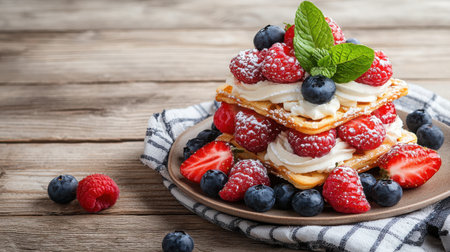 This delightful layered dessert features whipped cream, fresh berries, and mint, beautifully presented on a rustic wooden table, perfect for gatherings.の素材