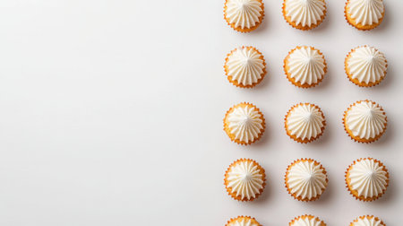 A visually appealing arrangement of decorative cupcakes topped with whipped cream on a light background, perfect for events and celebrations.の素材