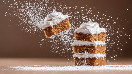 A beautifully styled cake slice topped with creamy frosting, captured mid-air with powdered sugar falling gracefully, creating a delightful and appetizing scene.の素材