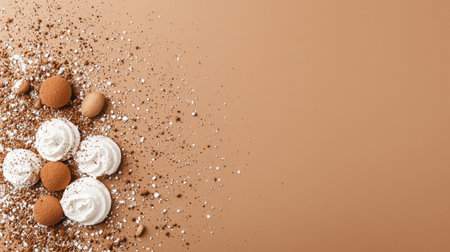 An artistic arrangement of creamy whipped toppings, sweet cookies, and chocolate dust on a warm brown background. Perfect for dessert lovers!の素材